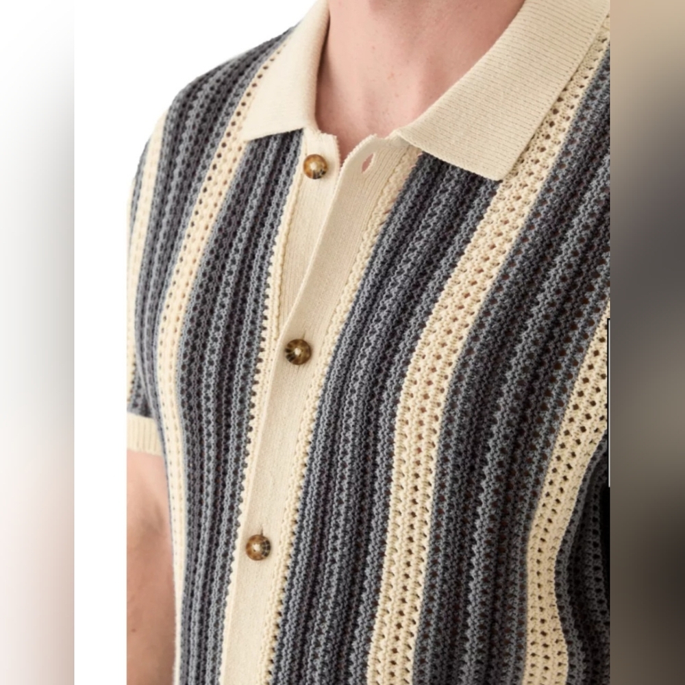 NWT Lucky Brand Men's Stripe Button Through Sweater In Whitecap Gray - Size M - Picture 3 of 11